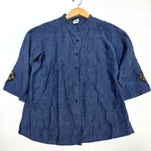 Oyako Linen Button Down Shirt Womens PS Blue Band Collar 3/4 Sleeve Embroidered
